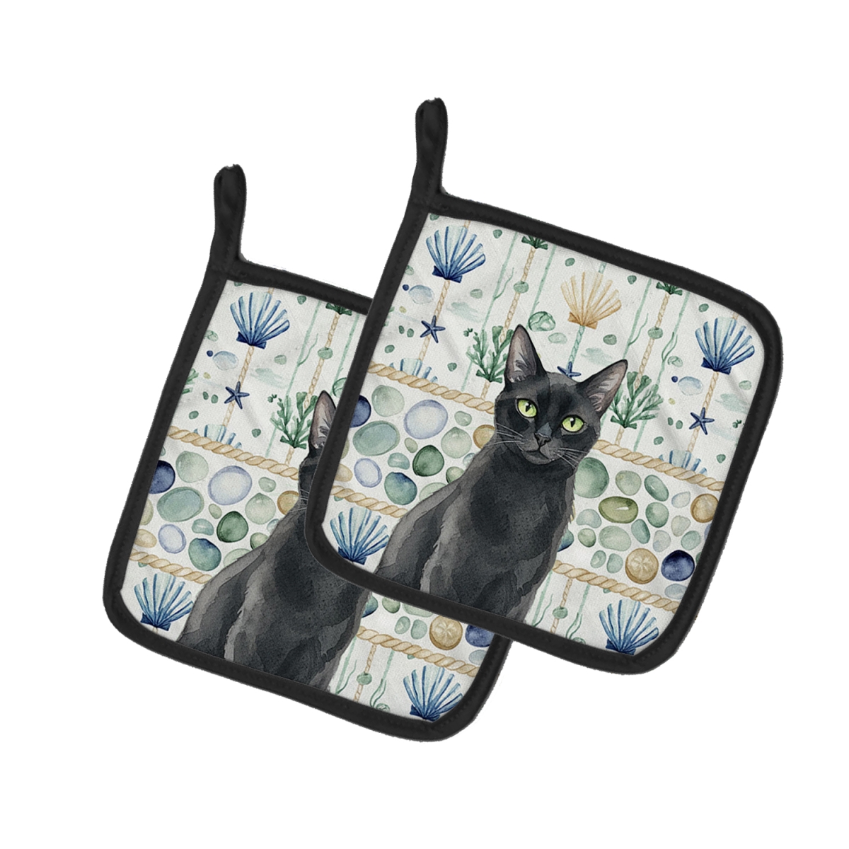 Picture of Carolines Treasures FNT1361PTHD 7.5 x 7.5 in. Solid Black Cat Coastal Sea Glass Pot Holders, Pack of 2
