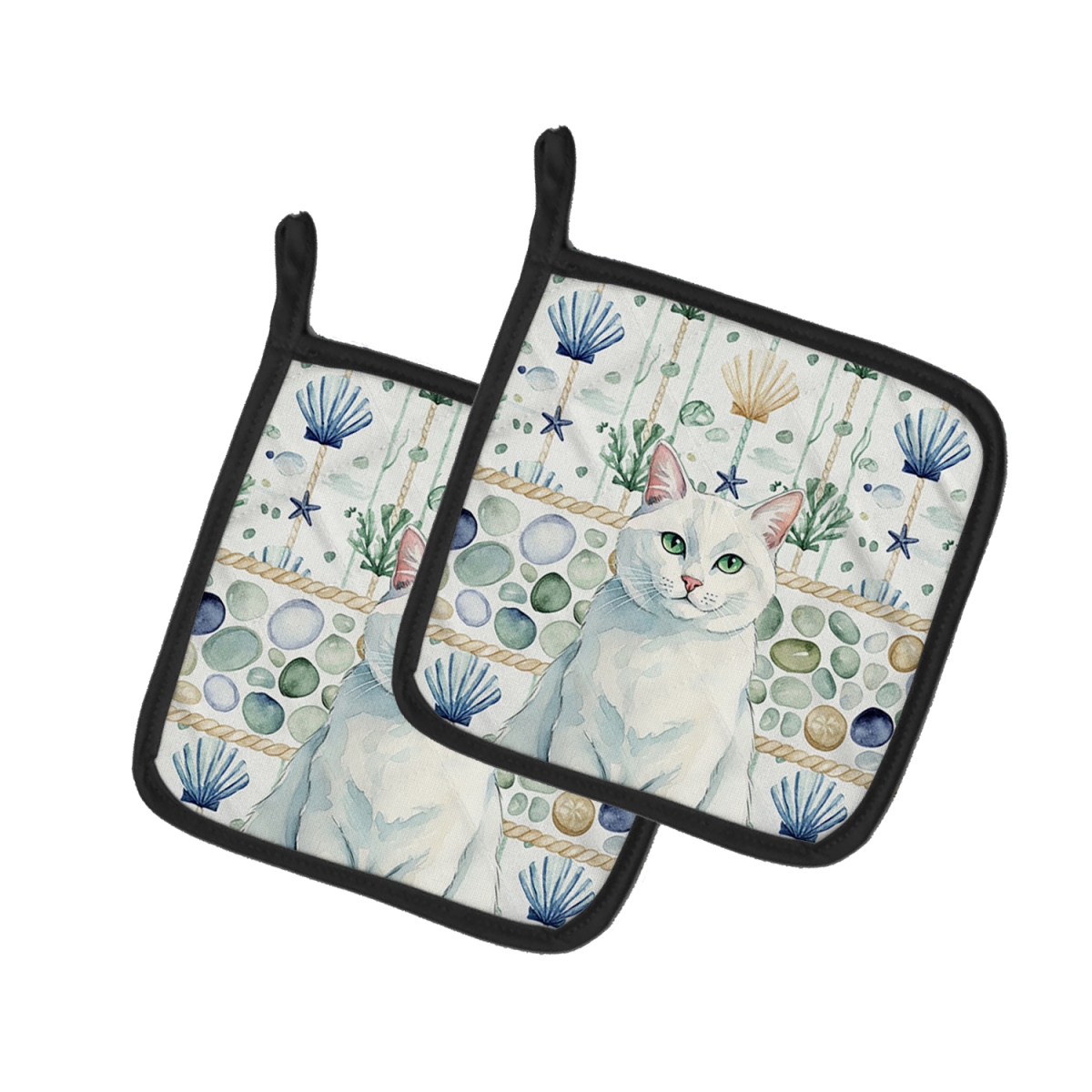 Picture of Carolines Treasures FNT1365PTHD 7.5 x 7.5 in. Solid White Cat Coastal Sea Glass Pot Holders, Pack of 2