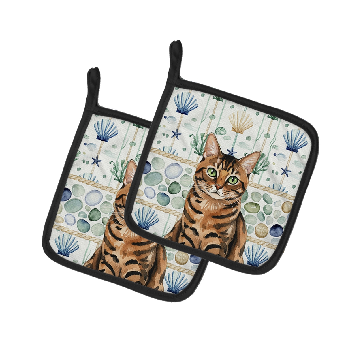 Picture of Carolines Treasures FNT1366PTHD 7.5 x 7.5 in. Spotted Tabby Brown Cat Coastal Sea Glass Pot Holders, Pack of 2