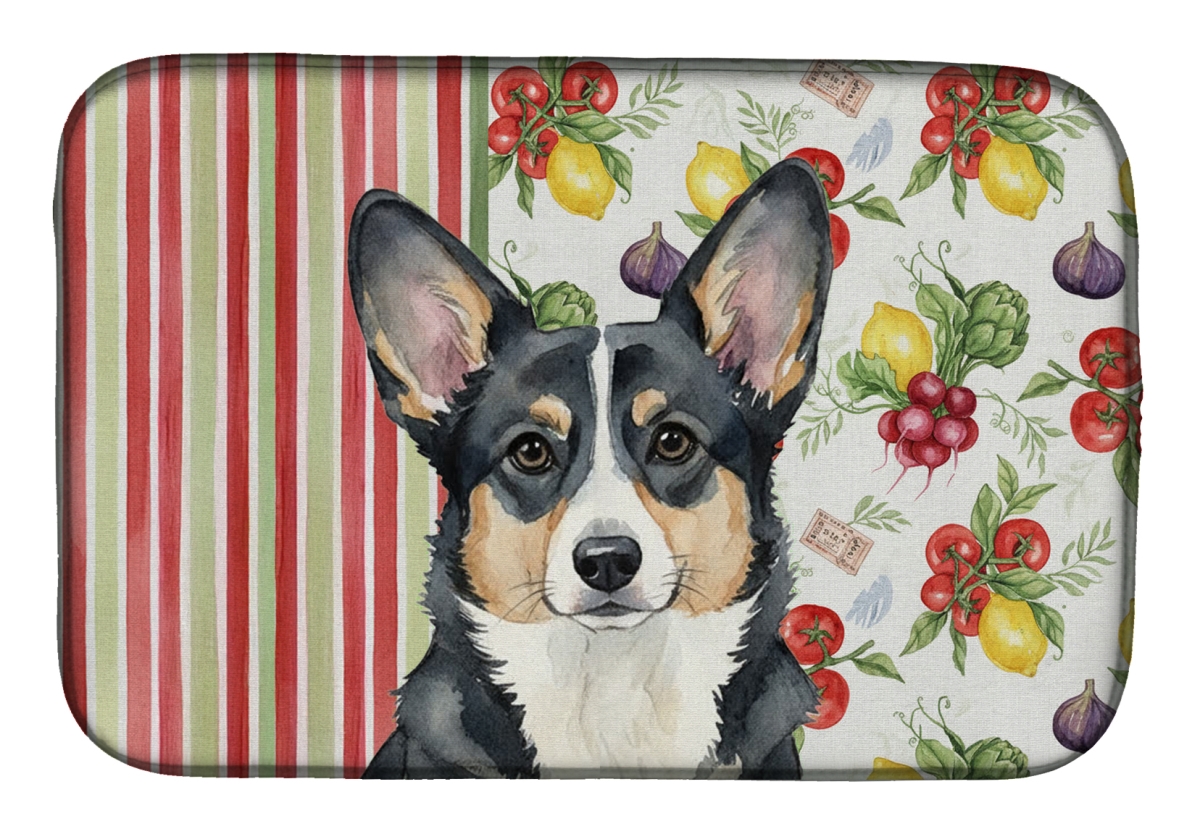 Picture of Carolines Treasures WDK8158DDM 21 x 14 in. Black & White Cardigan Welsh Corgi Vegetables Dish Drying Mat