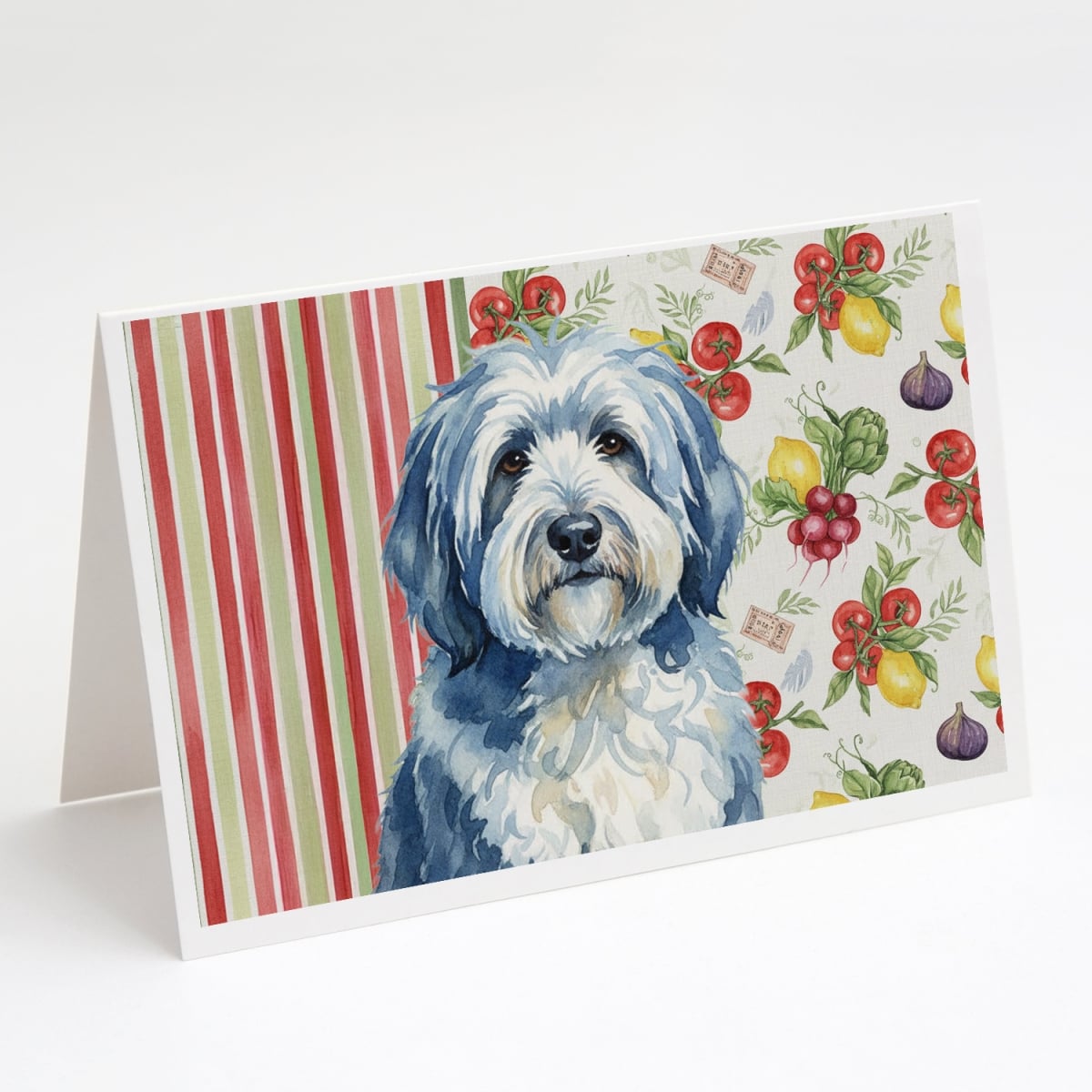 WDK8336GCA7P 5 x 7 in. Blue & White Old English Sheepdog Vegetables Greeting Cards, Pack of 8