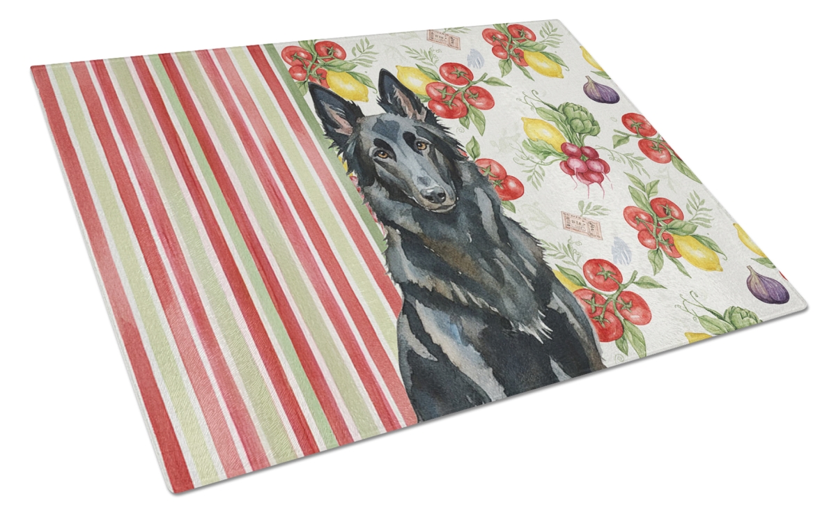 Picture of Carolines Treasures WDK8110LCB 11.25 x 15.25 in. Belgian Sheepdog Groenendael Vegetables Glass Cutting Board
