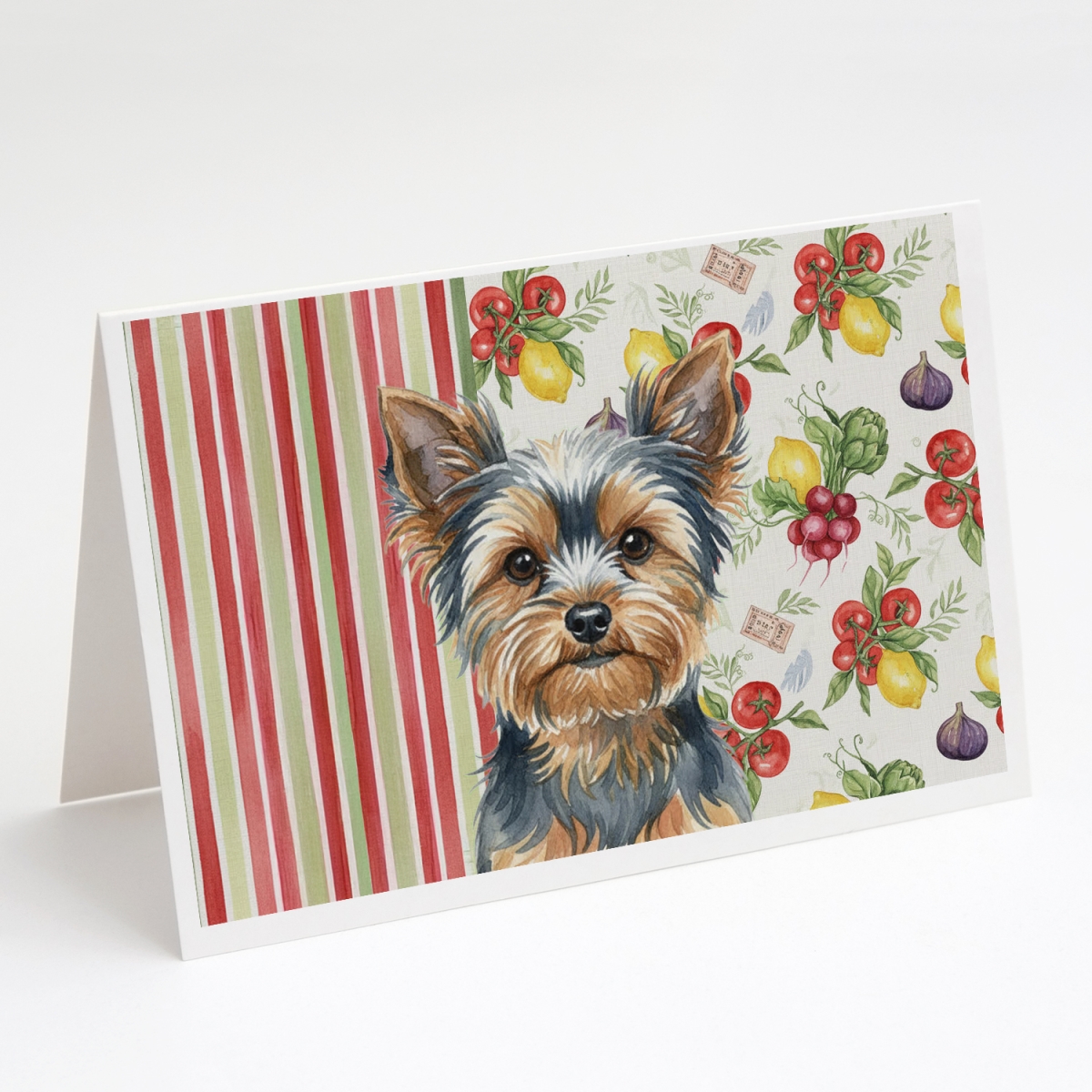 WDK8464GCA7P 5 x 7 in. Blue & Tan Yorkshire Terrier Vegetables Greeting Cards, Pack of 8