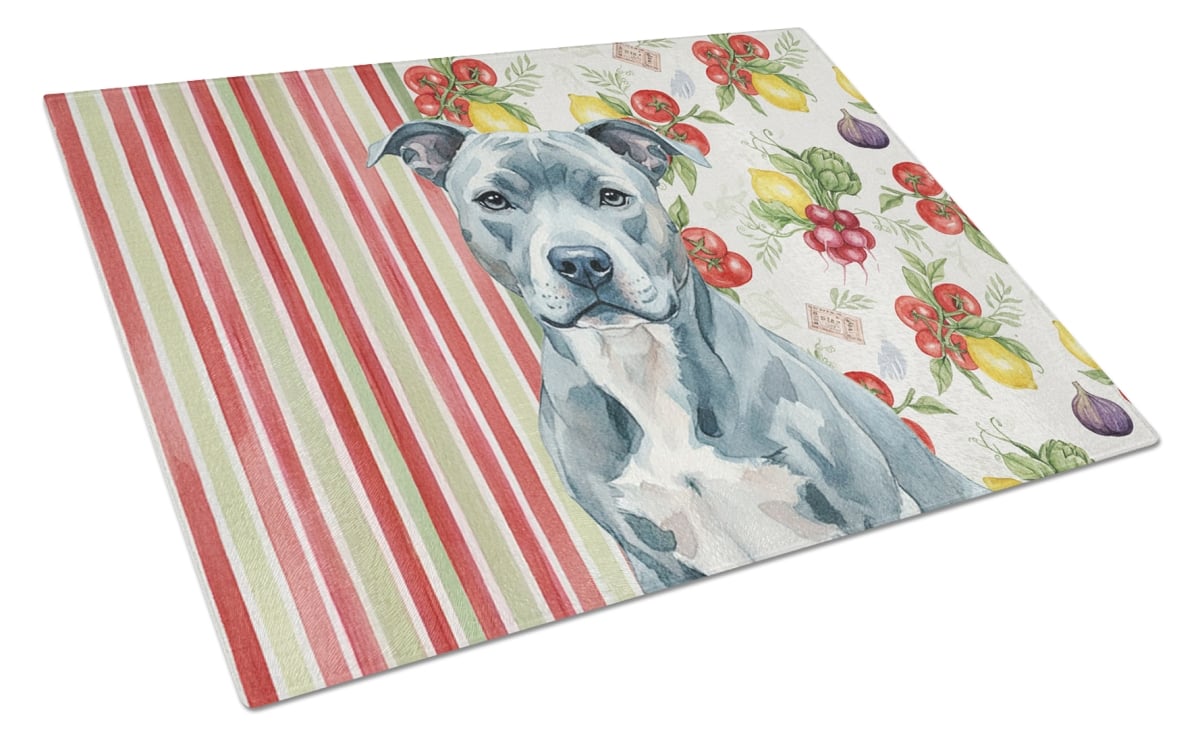 Picture of Carolines Treasures WDK8082LCB 11.25 x 15.25 in. Blue American Staffordshire Terrier Vegetables Glass Cutting Board