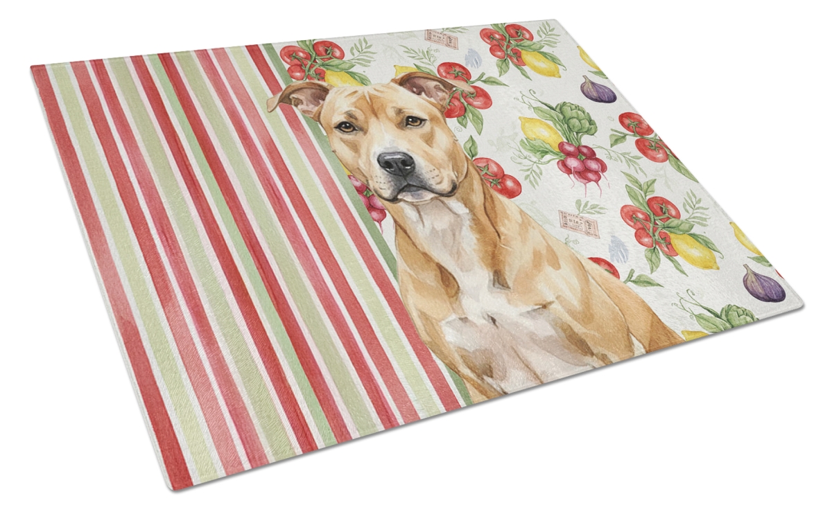 Picture of Carolines Treasures WDK8084LCB 11.25 x 15.25 in. Fawn American Staffordshire Terrier Vegetables Glass Cutting Board