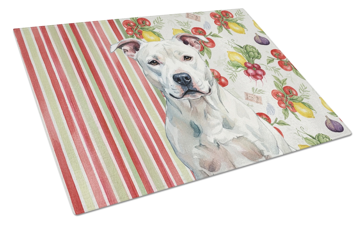 Picture of Carolines Treasures WDK8085LCB 11.25 x 15.25 in. White American Staffordshire Terrier Vegetables Glass Cutting Board