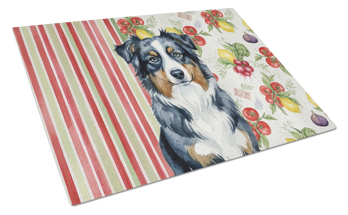 Picture of Carolines Treasures WDK8089LCB 11.25 x 15.25 in. Black Australian Shepherd Vegetables Glass Cutting Board