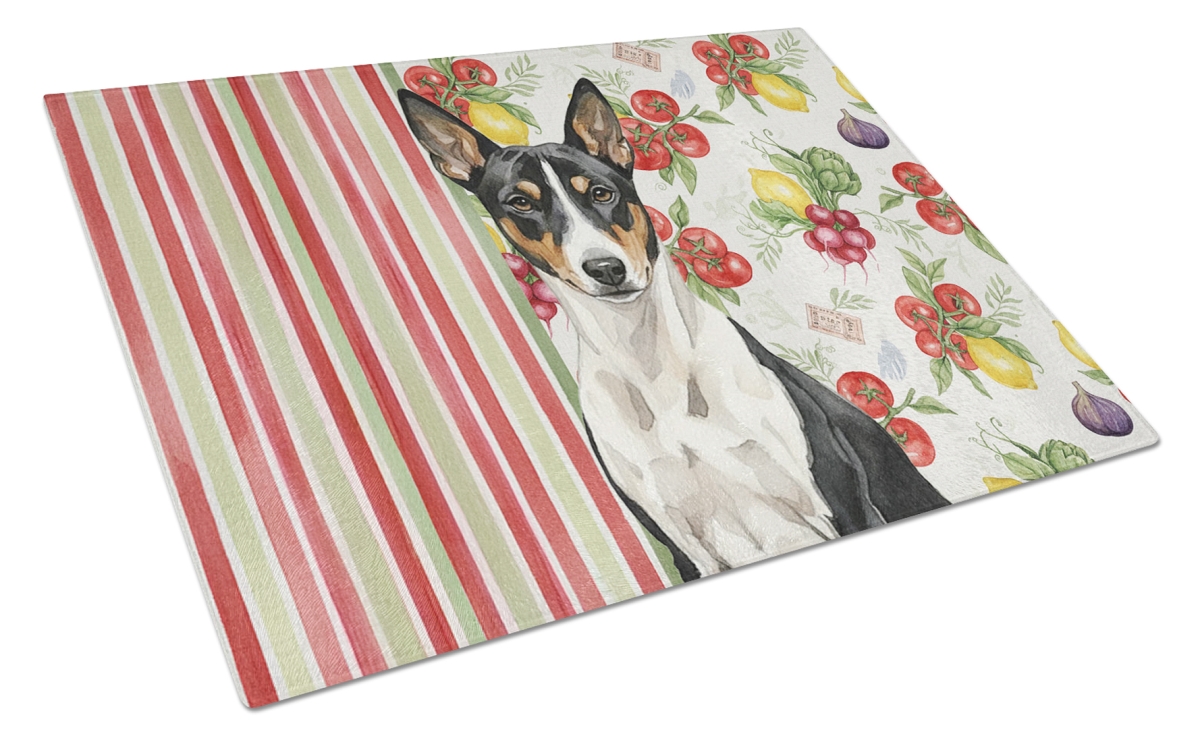 Picture of Carolines Treasures WDK8092LCB 11.25 x 15.25 in. Black & White Basenji Vegetables Glass Cutting Board