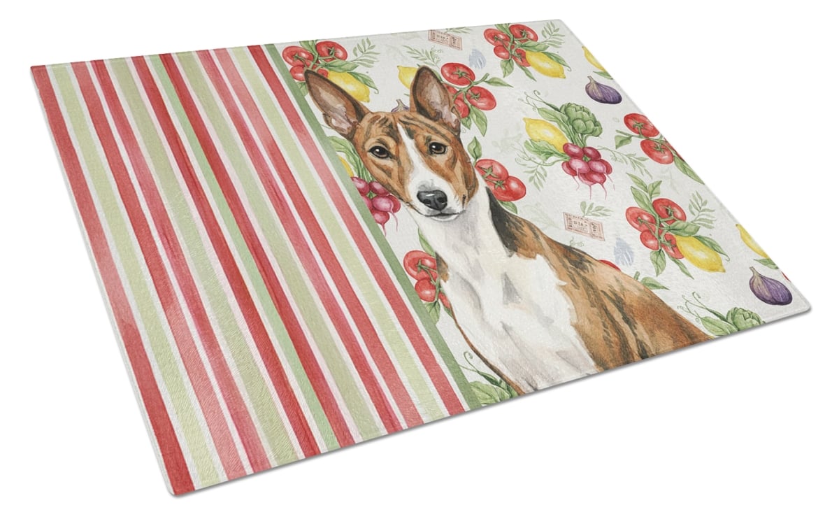 Picture of Carolines Treasures WDK8093LCB 11.25 x 15.25 in. Brindle & White Basenji Vegetables Glass Cutting Board