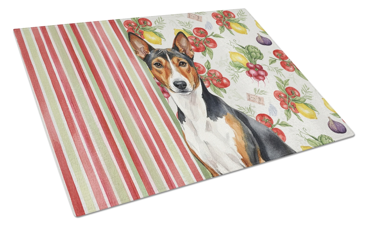 Picture of Carolines Treasures WDK8095LCB 11.25 x 15.25 in. Tricolor & White Basenji Vegetables Glass Cutting Board