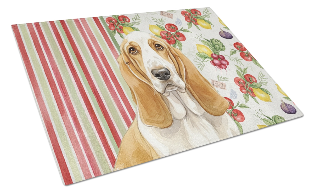 Picture of Carolines Treasures WDK8096LCB 11.25 x 15.25 in. Lemon & White Basset Hound Vegetables Glass Cutting Board