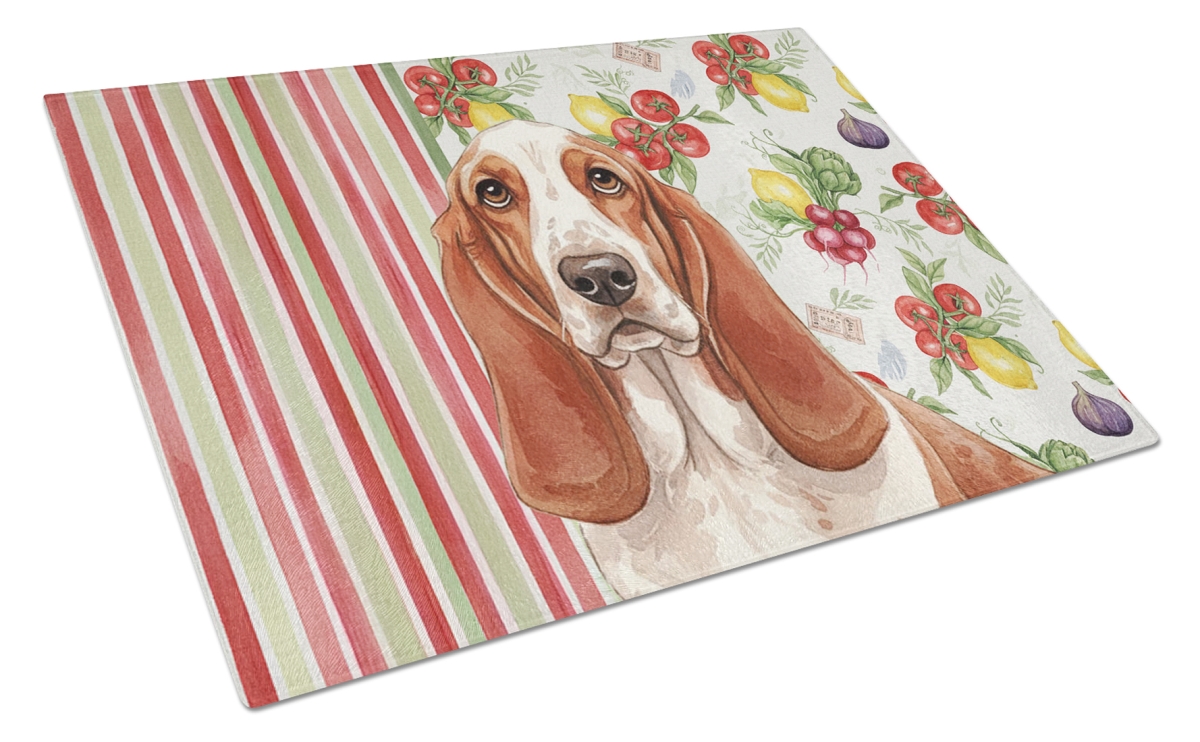 Picture of Carolines Treasures WDK8097LCB 11.25 x 15.25 in. Red & White Basset Hound Vegetables Glass Cutting Board