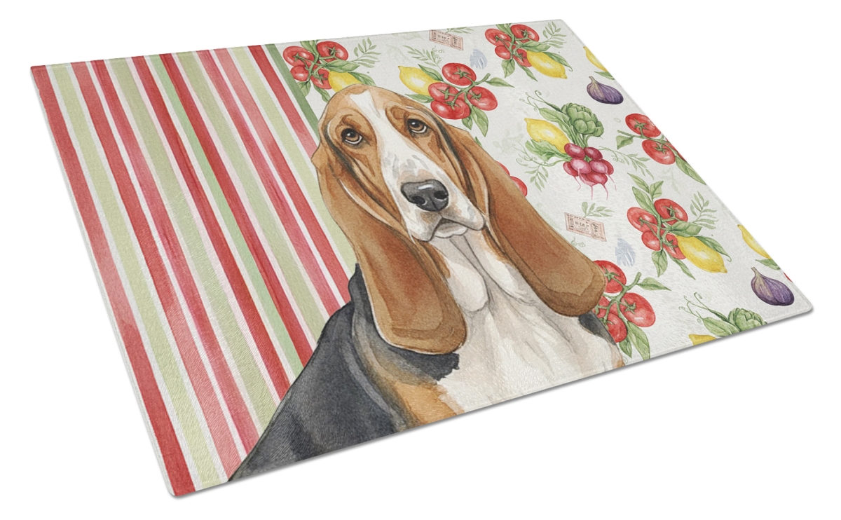 Picture of Carolines Treasures WDK8098LCB 11.25 x 15.25 in. Tricolor & White Basset Hound Vegetables Glass Cutting Board