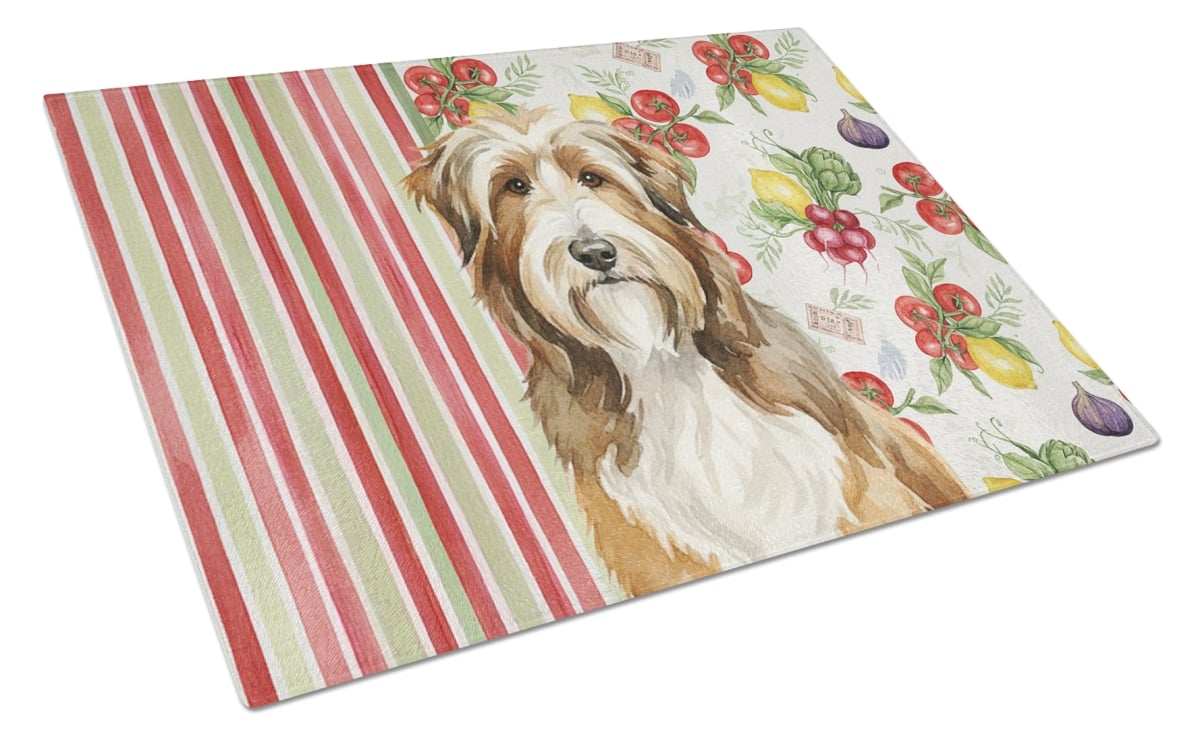 Picture of Carolines Treasures WDK8102LCB 11.25 x 15.25 in. Brown Bearded Collie Vegetables Glass Cutting Board