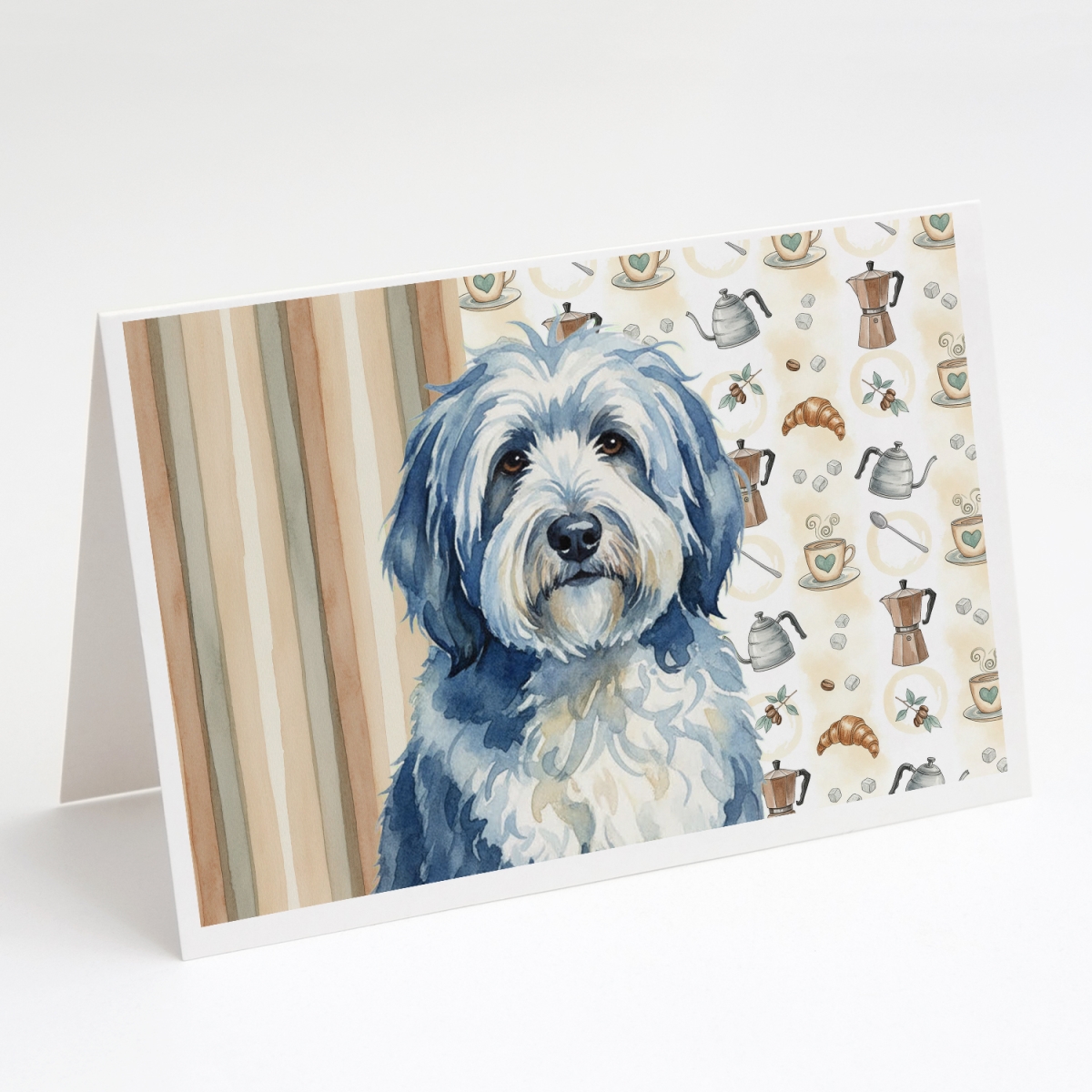 WDK7536GCA7P 5 x 7 in. Blue & White Old English Sheepdog Coffee Bar Greeting Cards, Pack of 8