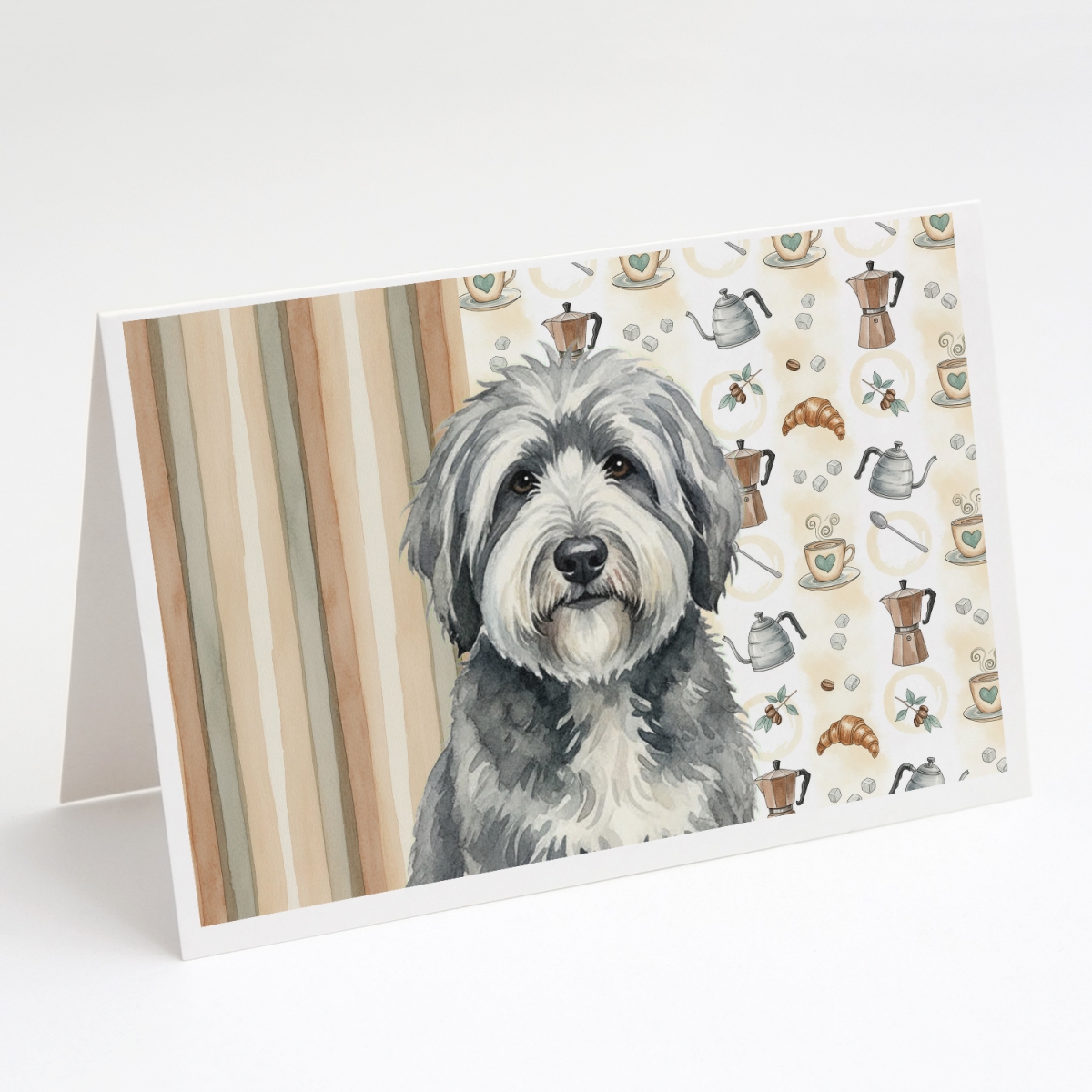 WDK7537GCA7P 5 x 7 in. Gray & White Old English Sheepdog Coffee Bar Greeting Cards, Pack of 8
