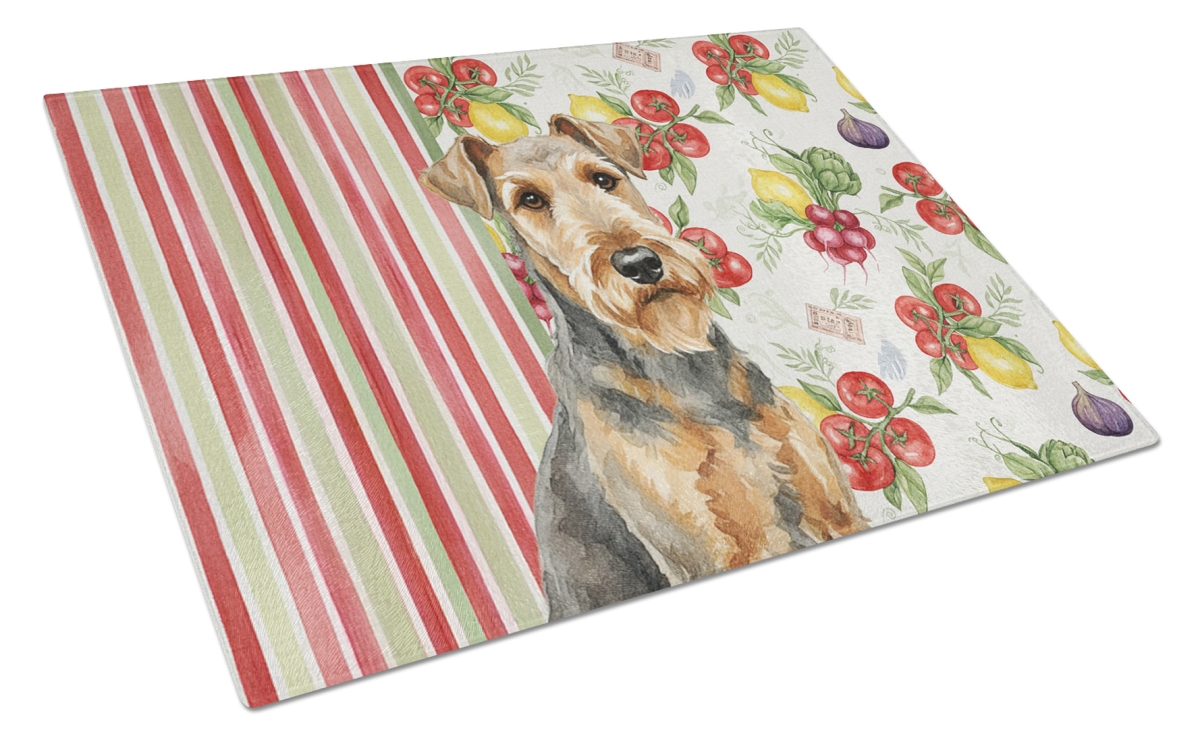 Picture of Carolines Treasures WDK8068LCB 11.25 x 15.25 in. Grizzle Airedale Terrier Vegetables Glass Cutting Board