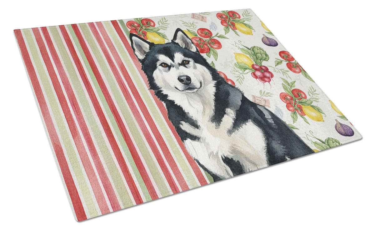Picture of Carolines Treasures WDK8073LCB 11.25 x 15.25 in. Black & White Alaskan Malamute Vegetables Glass Cutting Board