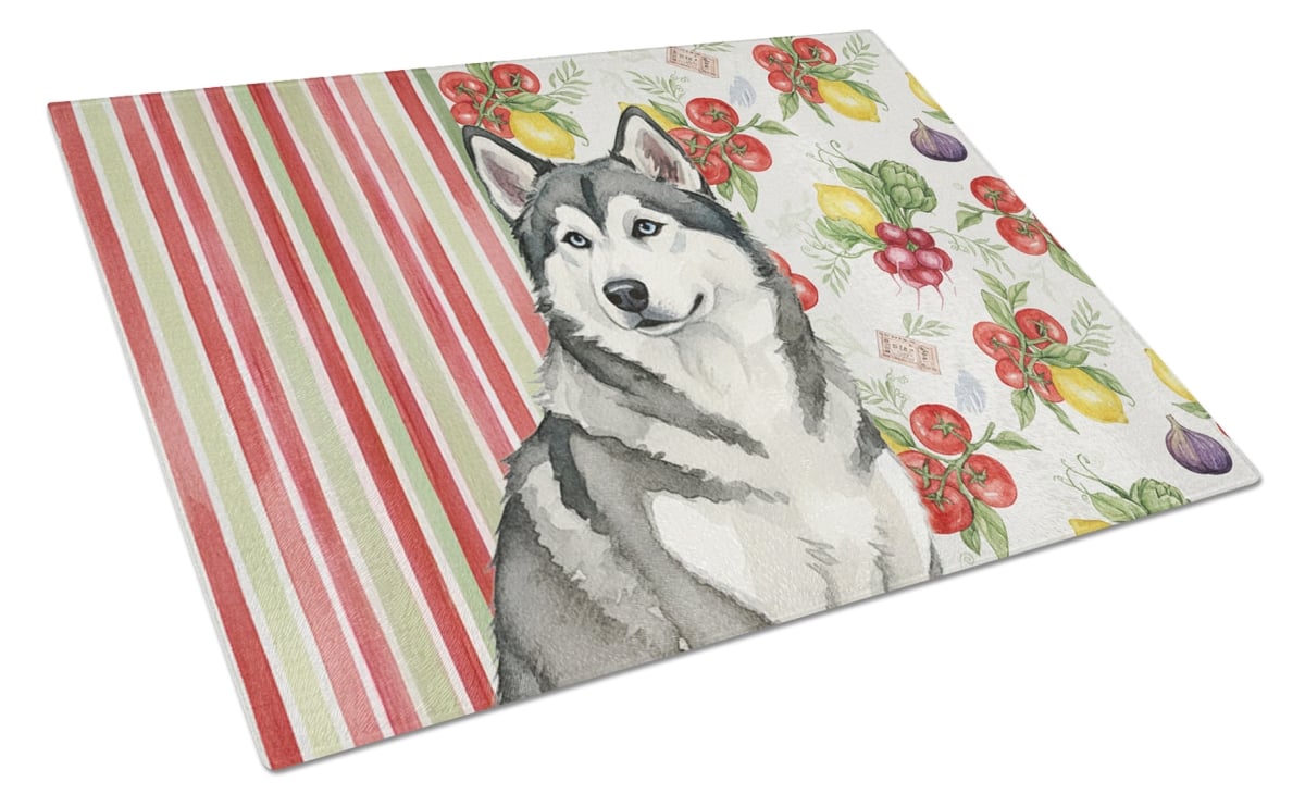 Picture of Carolines Treasures WDK8074LCB 11.25 x 15.25 in. Gray & White Alaskan Malamute Vegetables Glass Cutting Board