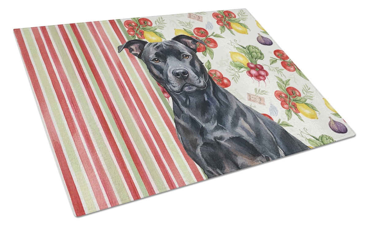 Picture of Carolines Treasures WDK8081LCB 11.25 x 15.25 in. Black American Staffordshire Terrier Vegetables Glass Cutting Board