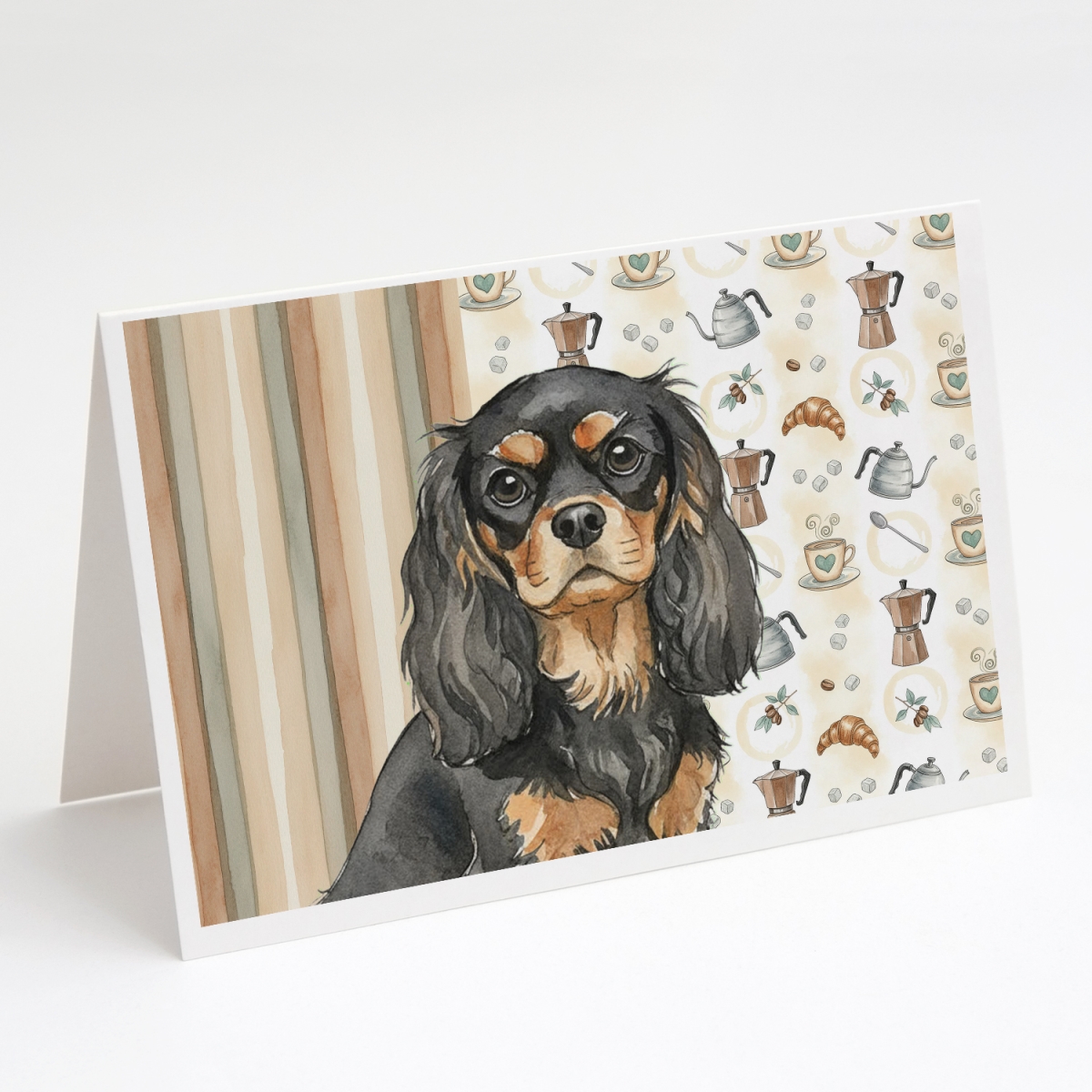 WDK7362GCA7P 5 x 7 in. Black & Tan Cavalier Spaniel Coffee Bar Greeting Cards, Pack of 8