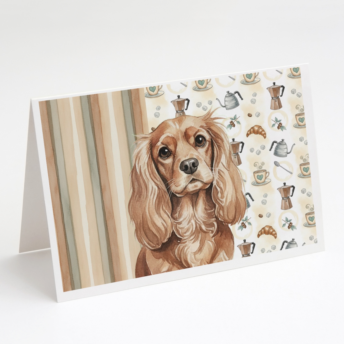 WDK7364GCA7P 5 x 7 in. Ruby Cavalier Spaniel Coffee Bar Greeting Cards, Pack of 8