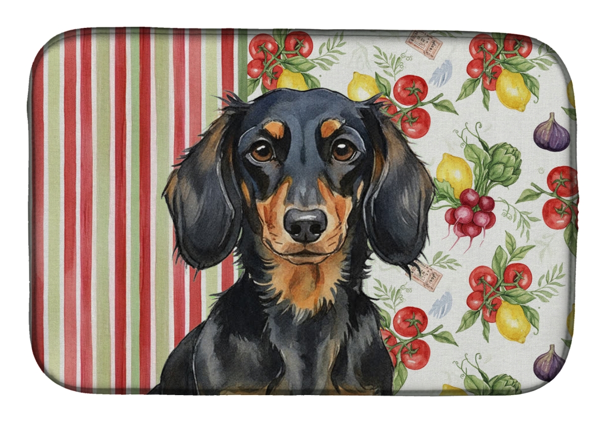 Picture of Carolines Treasures WDK8195DDM 21 x 14 in. Longhaired Black & Tan Dachshund Vegetables Dish Drying Mat