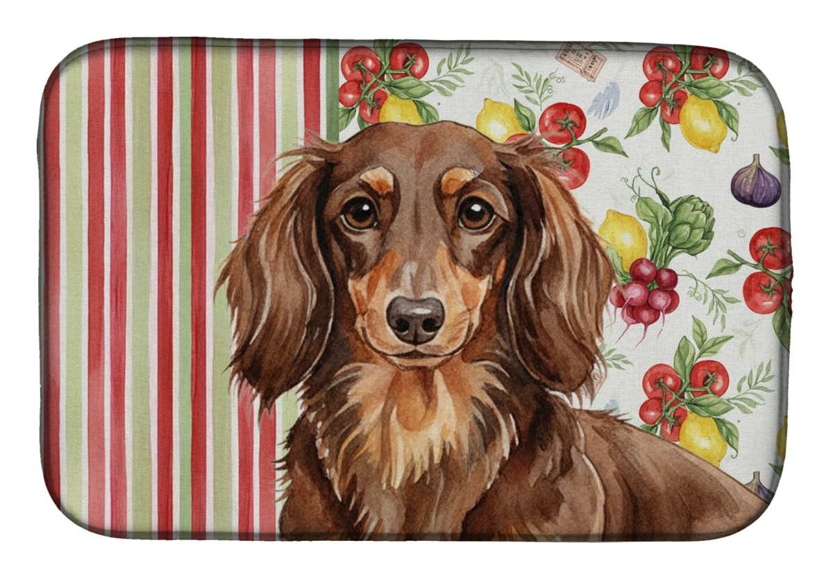 Picture of Carolines Treasures WDK8196DDM 21 x 14 in. Longhaired Chocolate & Tan Dachshund Vegetables Dish Drying Mat