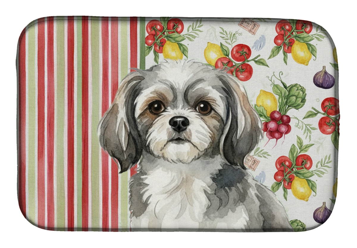Picture of Carolines Treasures WDK8441DDM 21 x 14 in. Gray & White Tibetan Spaniel Vegetables Dish Drying Mat