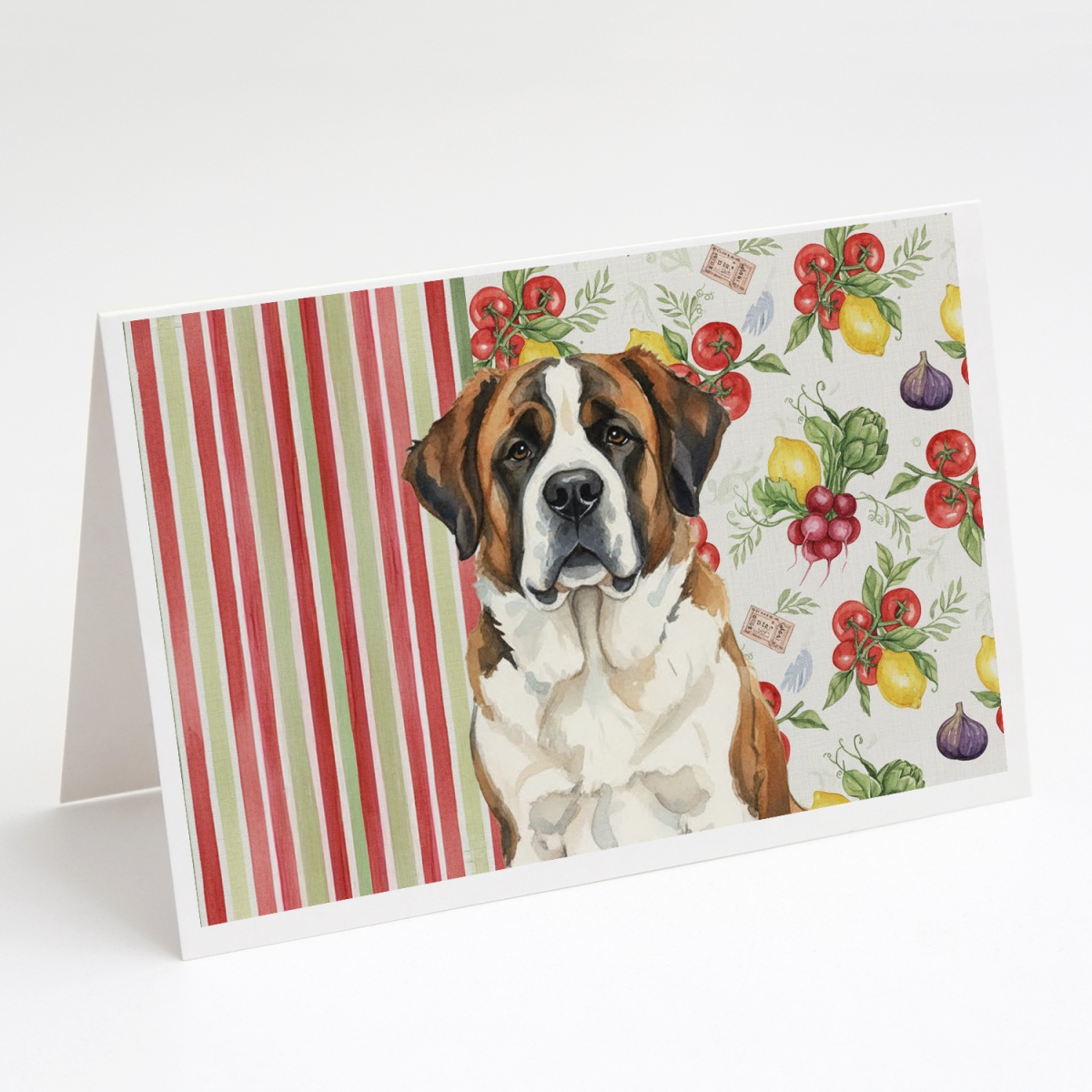 WDK8392GCA7P 5 x 7 in. Brindle & White Saint Bernard Vegetables Greeting Cards, Pack of 8