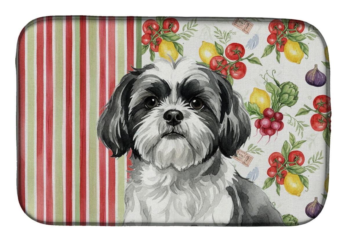 Picture of Carolines Treasures WDK8416DDM 21 x 14 in. Black & White Shih Tzu Vegetables Dish Drying Mat