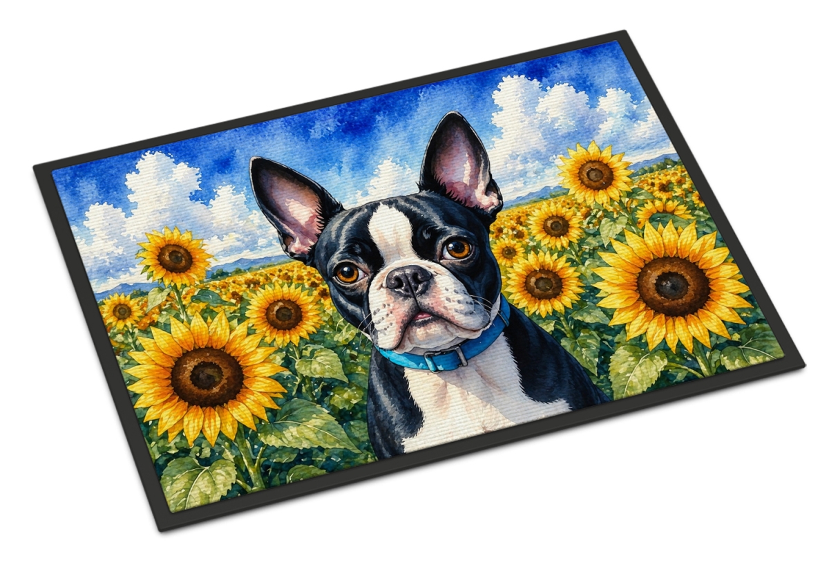 DAC6036MAT 18 x 27 in. Boston Terrier in Sunflowers Doormat