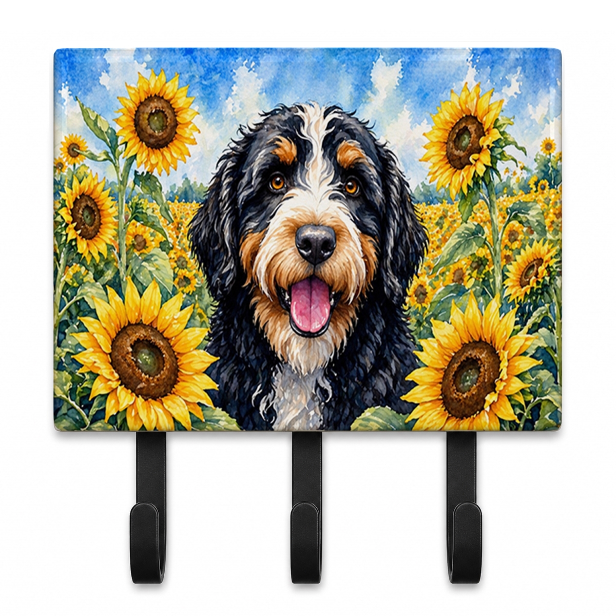 DAC6025TH68 9 x 6 in. Bernedoodle in Sunflowers Leash or Key Holder