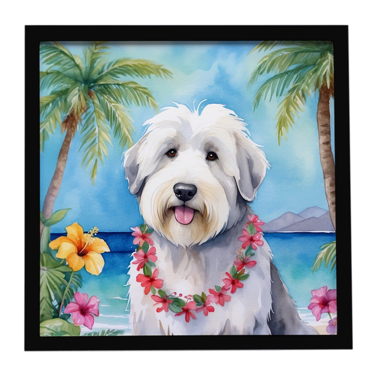 DAC6484MFP88 8 x 8 in. Old English Sheepdog Luau Framed Metal Print