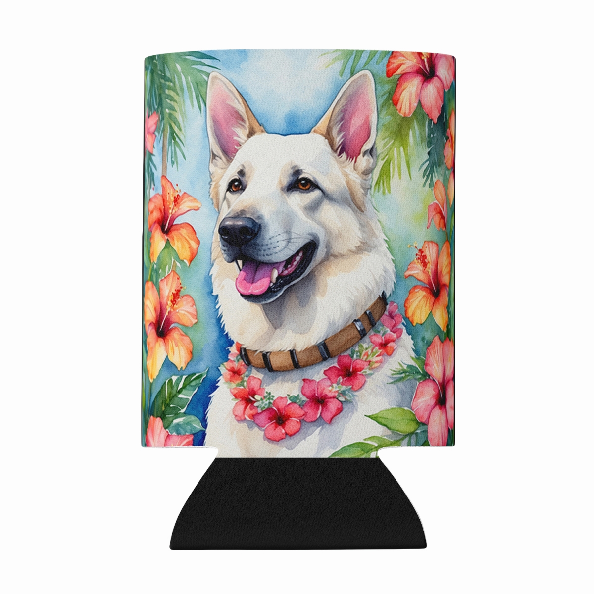 DAC6438CC 5 x 3 in. White German Shepherd Luau Can or Bottle Hugger
