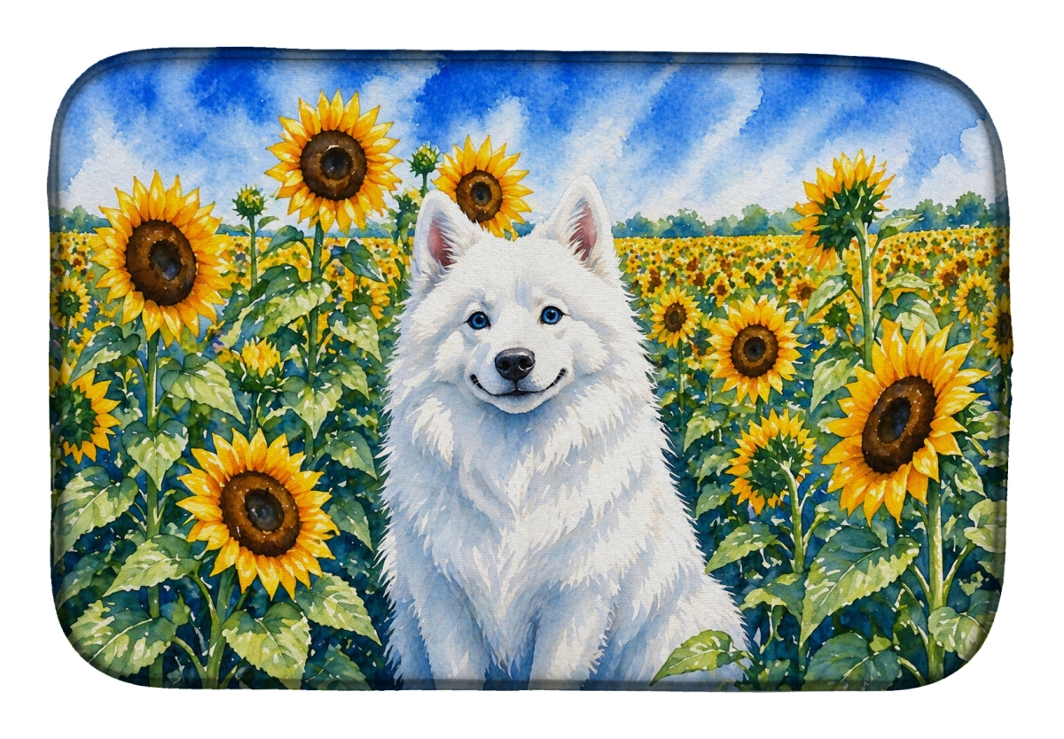 DAC6008DDM 21 x 14 in. American Eskimo in Sunflowers Dish Drying Mat