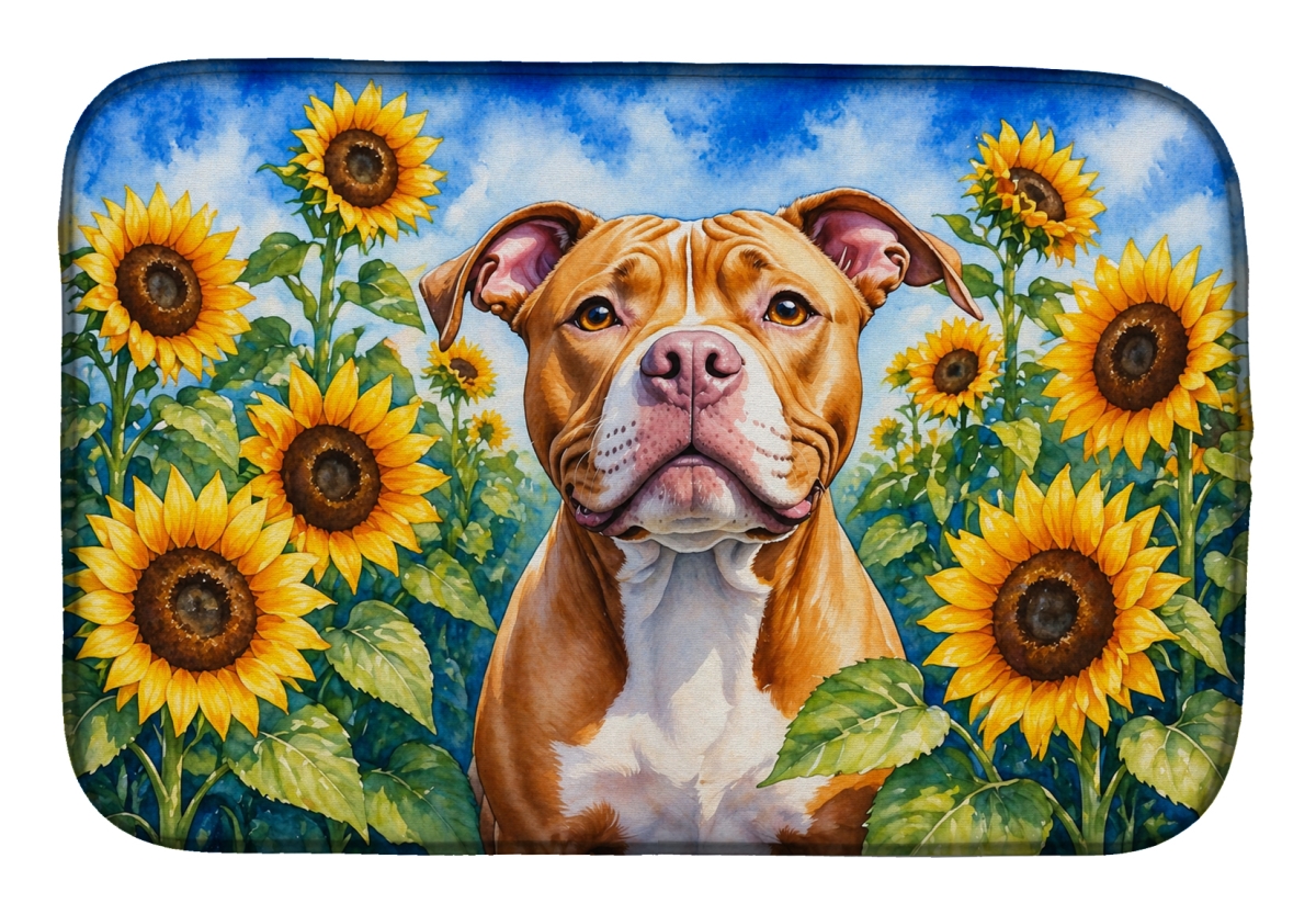 DAC6133DDM 21 x 14 in. Pit Bull Terrier in Sunflowers Dish Drying Mat