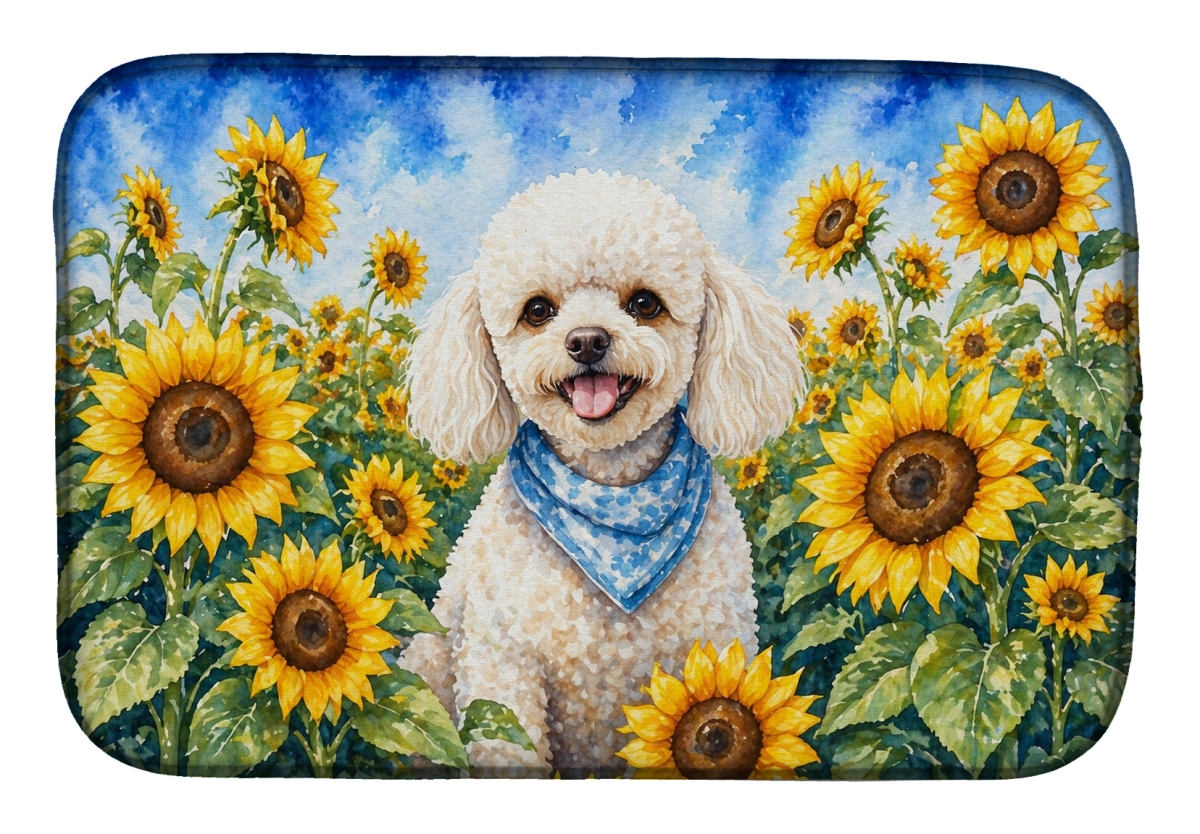 DAC6141DDM 21 x 14 in. White Poodle in Sunflowers Dish Drying Mat