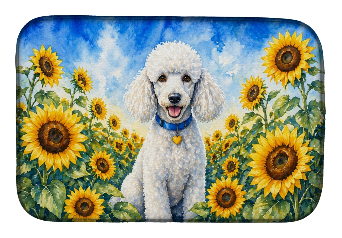 DAC6142DDM 21 x 14 in. White Poodle in Sunflowers Dish Drying Mat
