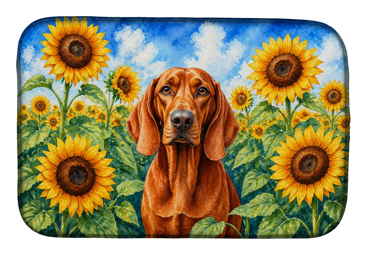 DAC6148DDM 21 x 14 in. Redbone Coonhound in Sunflowers Dish Drying Mat