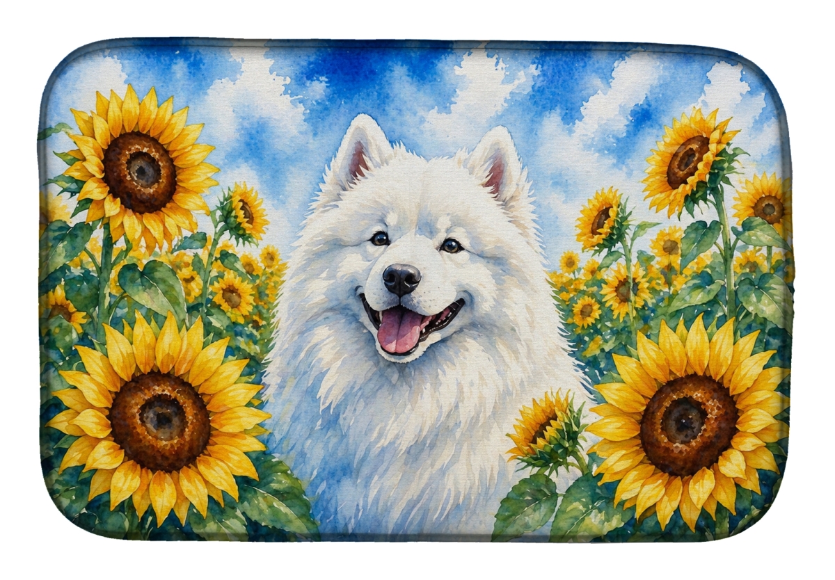 DAC6153DDM 21 x 14 in. Samoyed in Sunflowers Dish Drying Mat