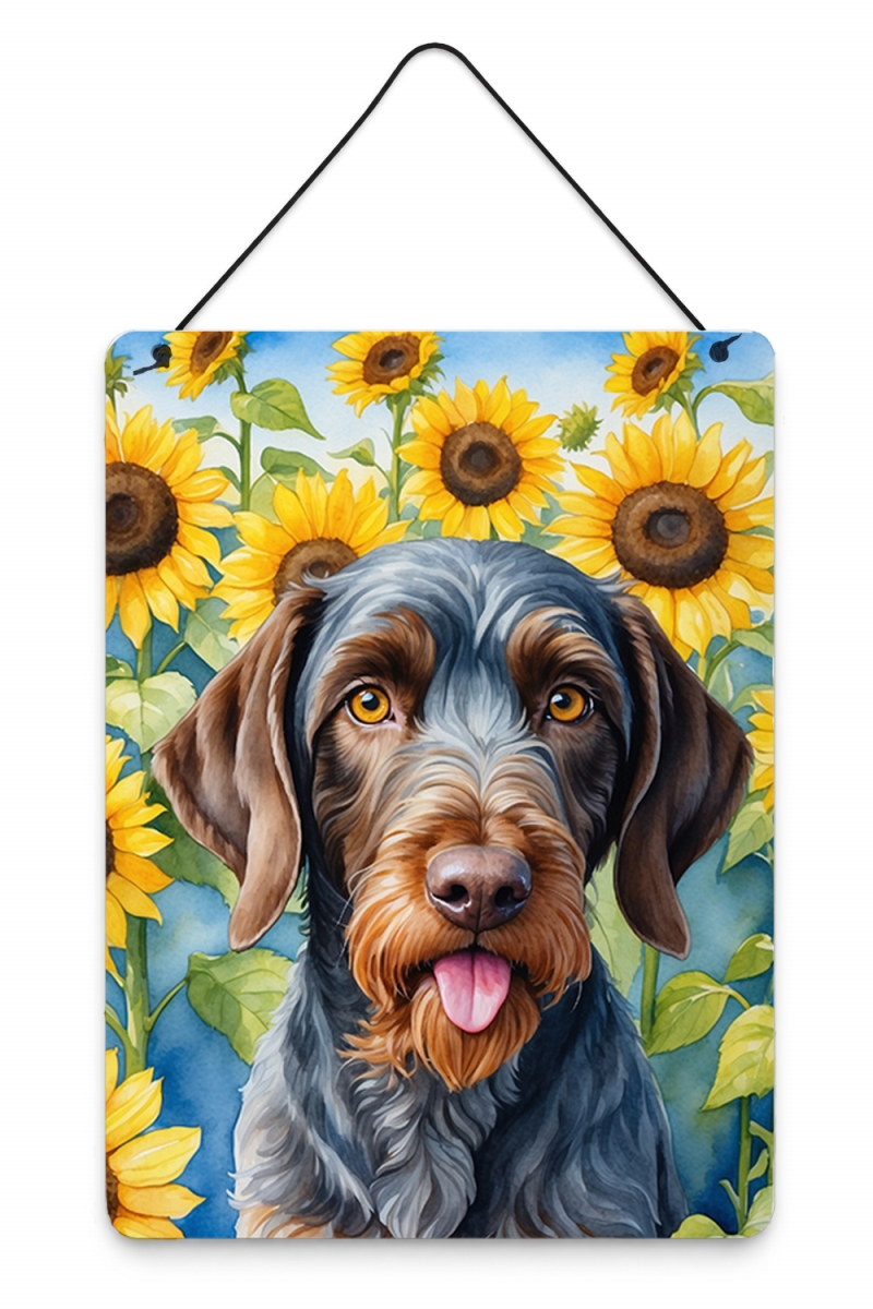 DAC6086DS1216 16 x 12 in. German Wirehaired Pointer in Sunflowers Wall or Door Hanging Prints Metal Wall Art