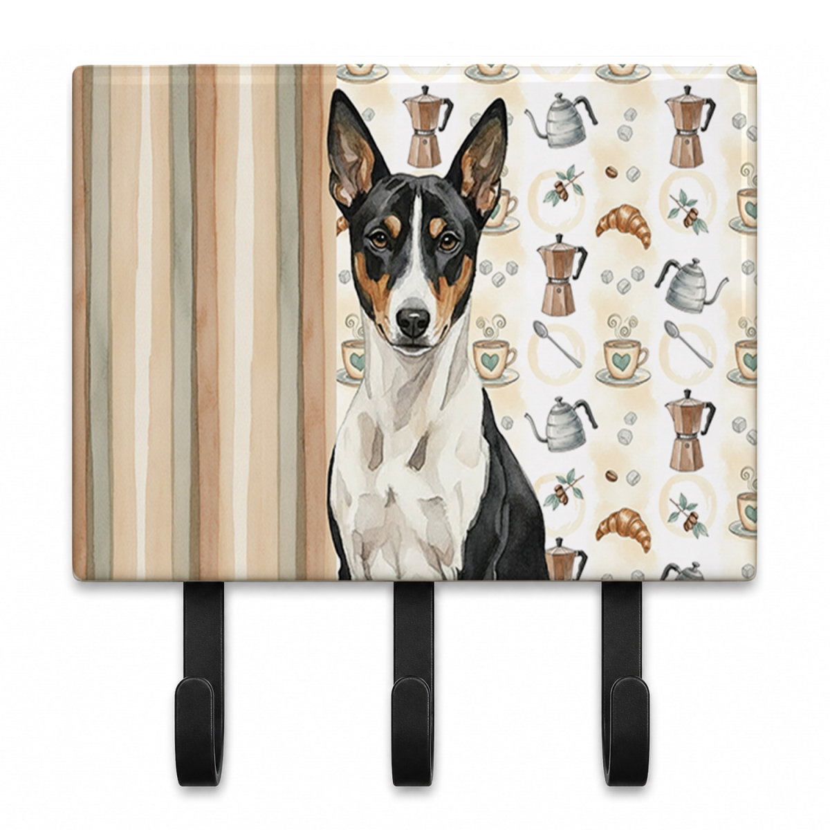 WDK7292TH68 9 x 6 in. Black & White Basenji Coffee Bar Leash or Key Holder