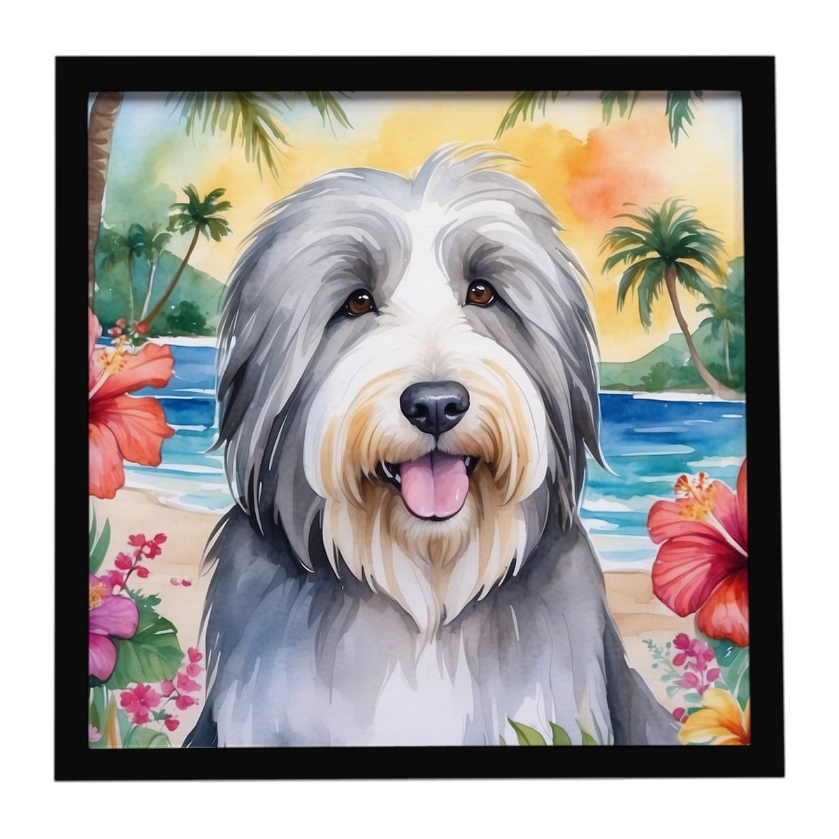 DAC6364MFP88 8 x 8 in. Bearded Collie Luau Framed Metal Print