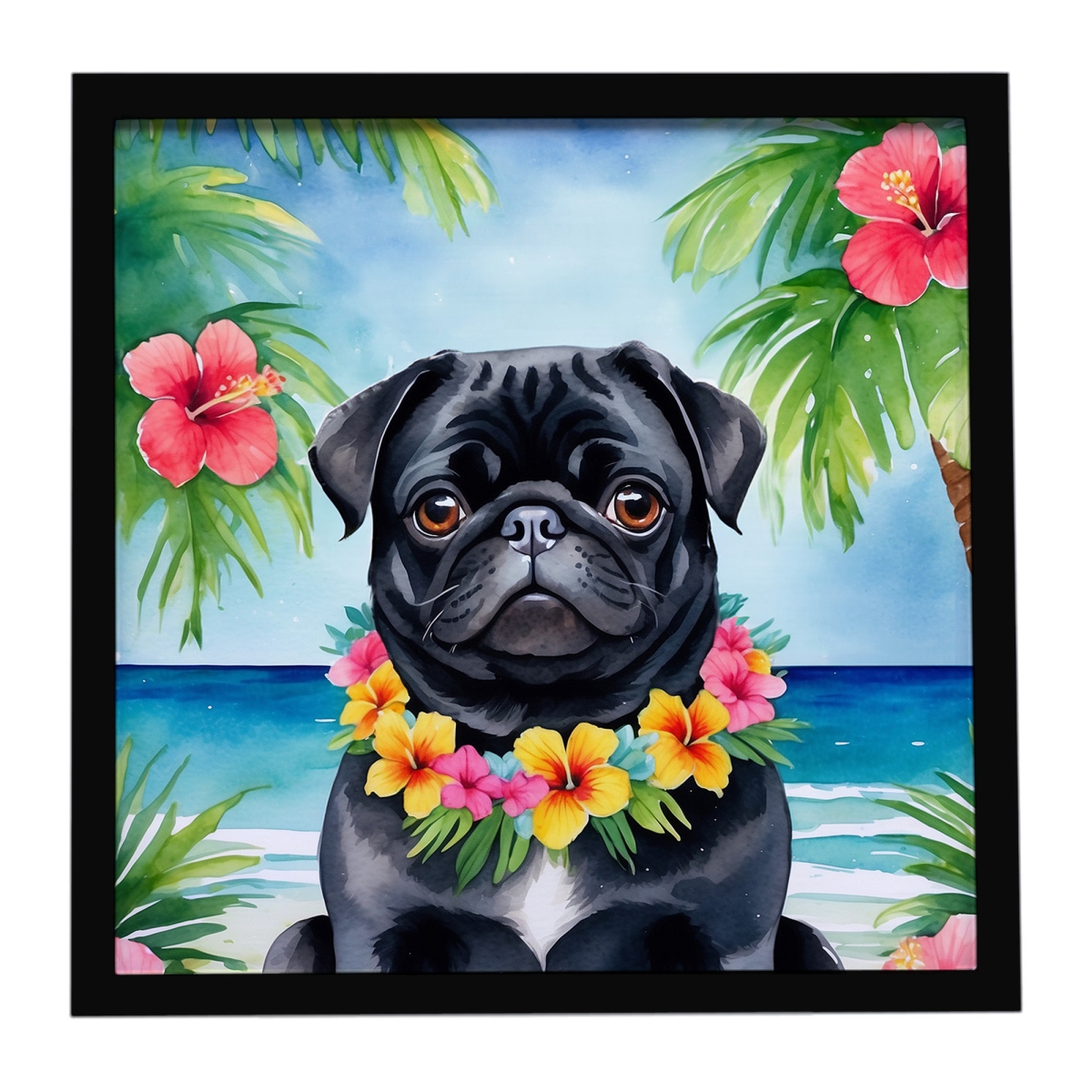 DAC6502MFP88 8 x 8 in. Black Pug Luau Framed Metal Print