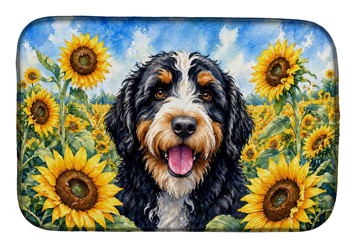 DAC6025DDM 21 x 14 in. Bernedoodle in Sunflowers Dish Drying Mat