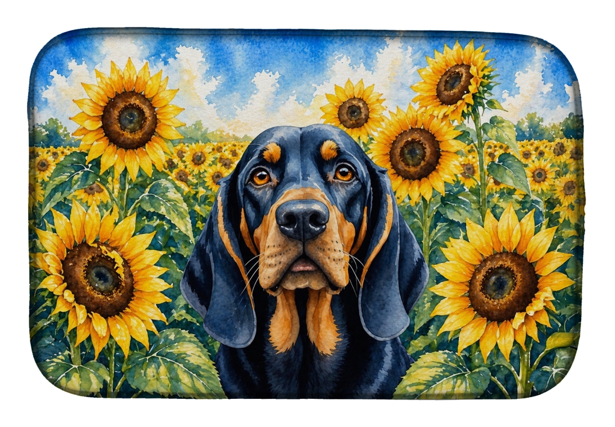 DAC6028DDM 21 x 14 in. Black & Tan Coonhound in Sunflowers Dish Drying Mat