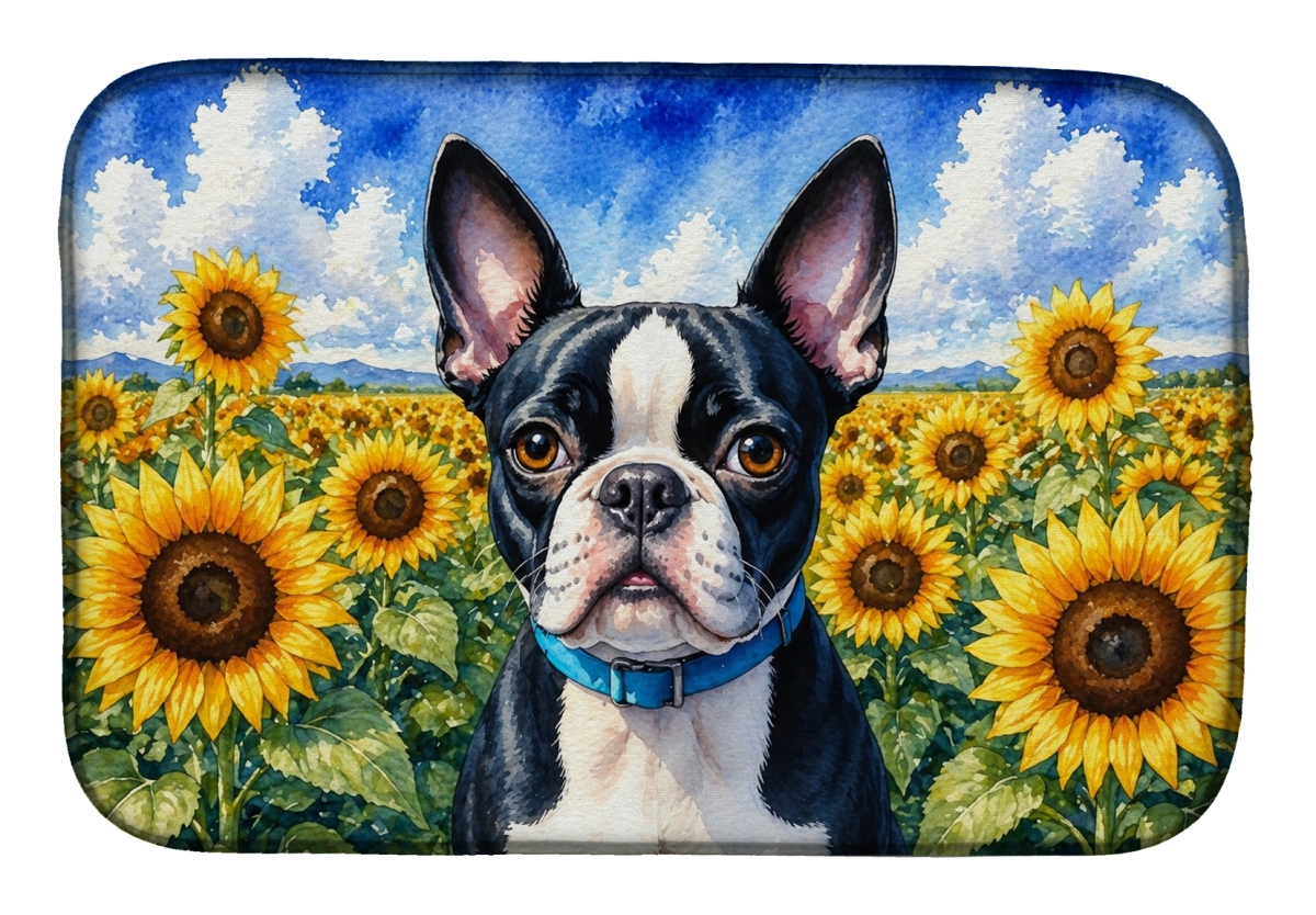 DAC6036DDM 21 x 14 in. Boston Terrier in Sunflowers Dish Drying Mat