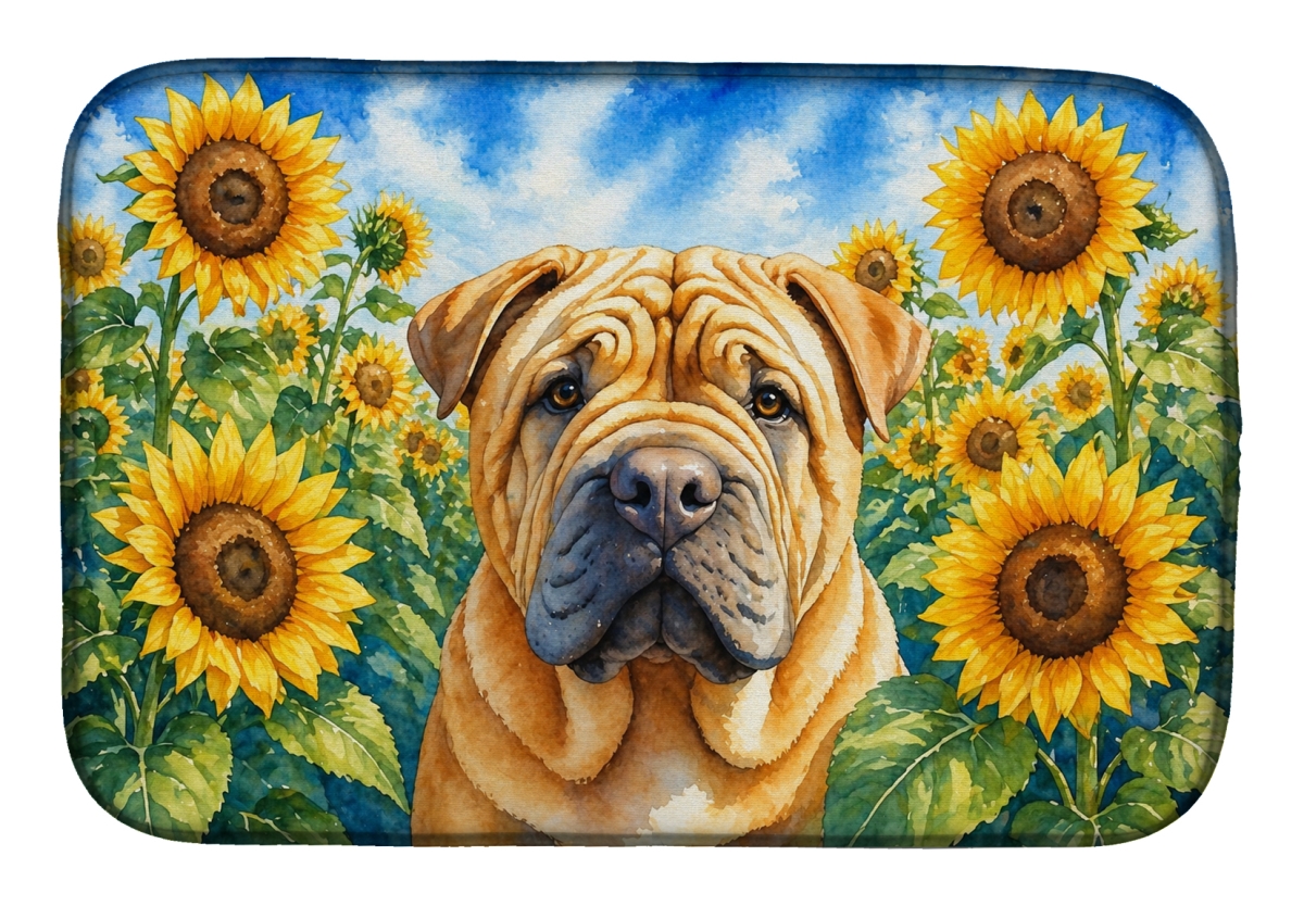 DAC6159DDM 21 x 14 in. Shar Pei in Sunflowers Dish Drying Mat