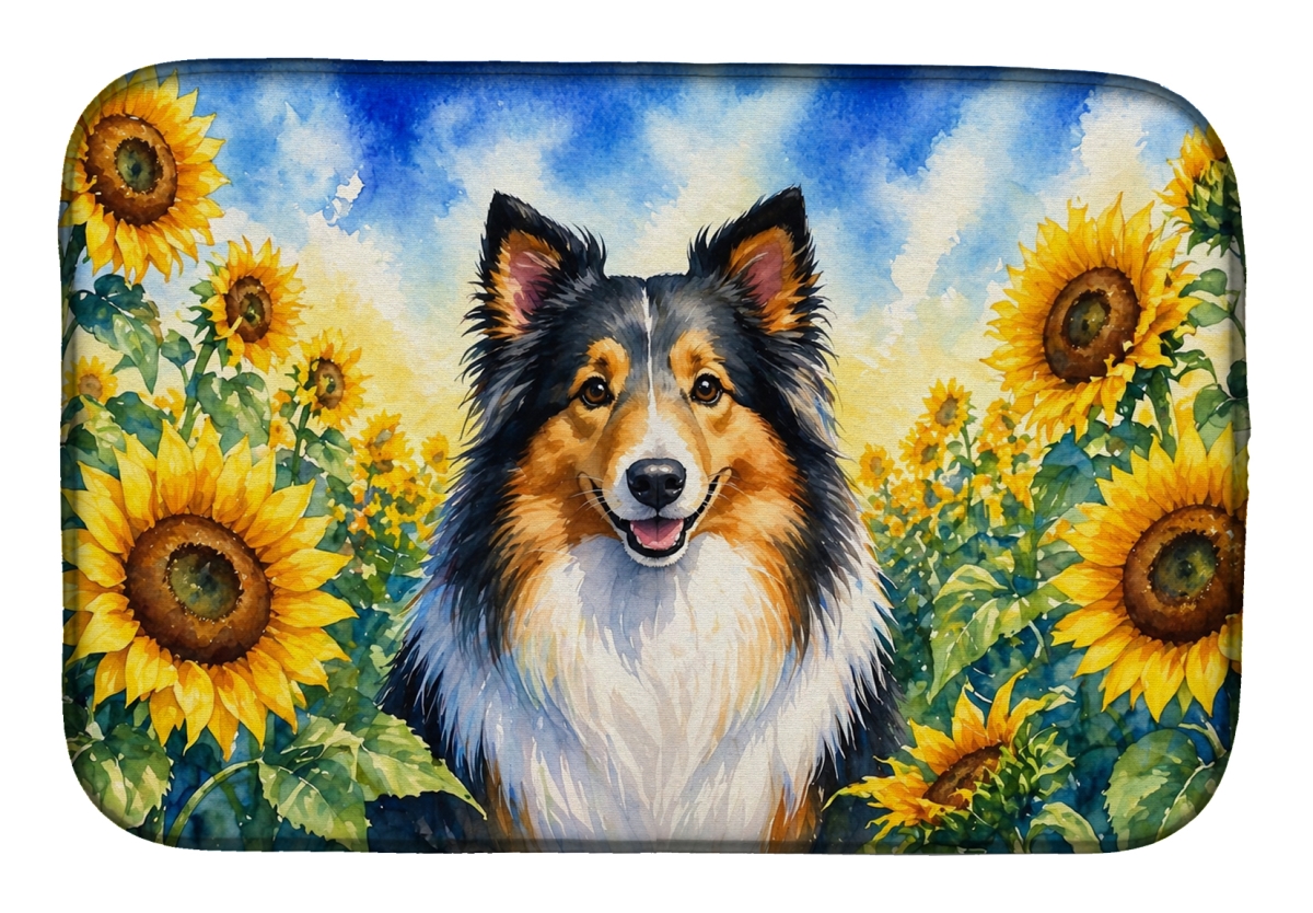 DAC6160DDM 21 x 14 in. Sheltie in Sunflowers Dish Drying Mat